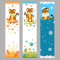 Set of vector bookmarks. Cute little tiger in different seasons.